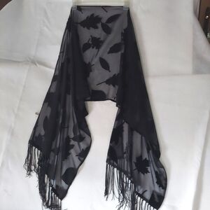 Black sheer and Leaf pattern scarf with fringe